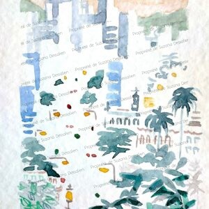 Aquarelle Anoitecendo no Rio par Suzana Dessalien, coucher de soleil Rio de Janeiro lumières urbaines crépuscule, 21x13.5cm