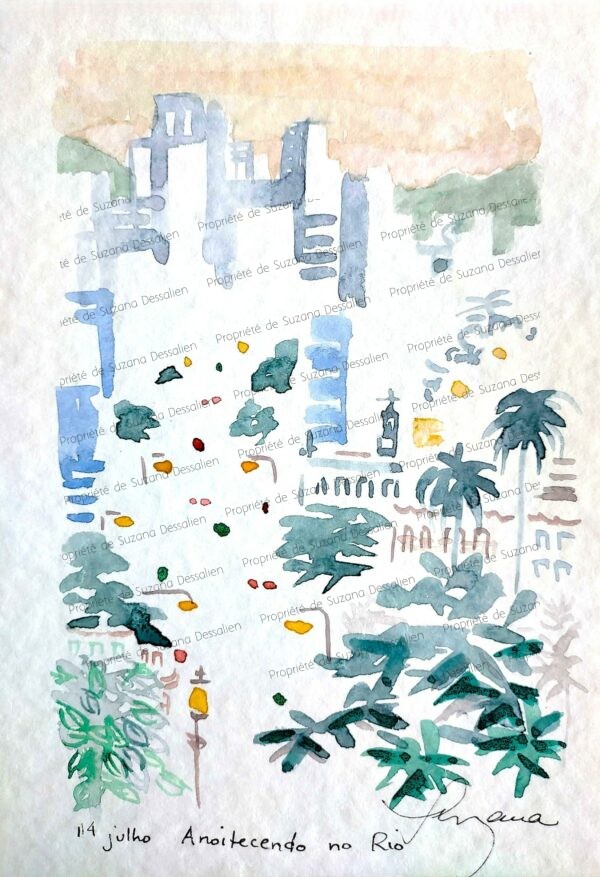 Aquarelle Anoitecendo no Rio par Suzana Dessalien, coucher de soleil Rio de Janeiro lumières urbaines crépuscule, 21x13.5cm