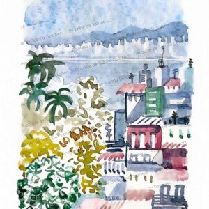 Aquarelle Baie de Rio au loin par Suzana Dessalien, panorama baie de Guanabara végétation tropicale horizon lumineux, 21x13.5cm