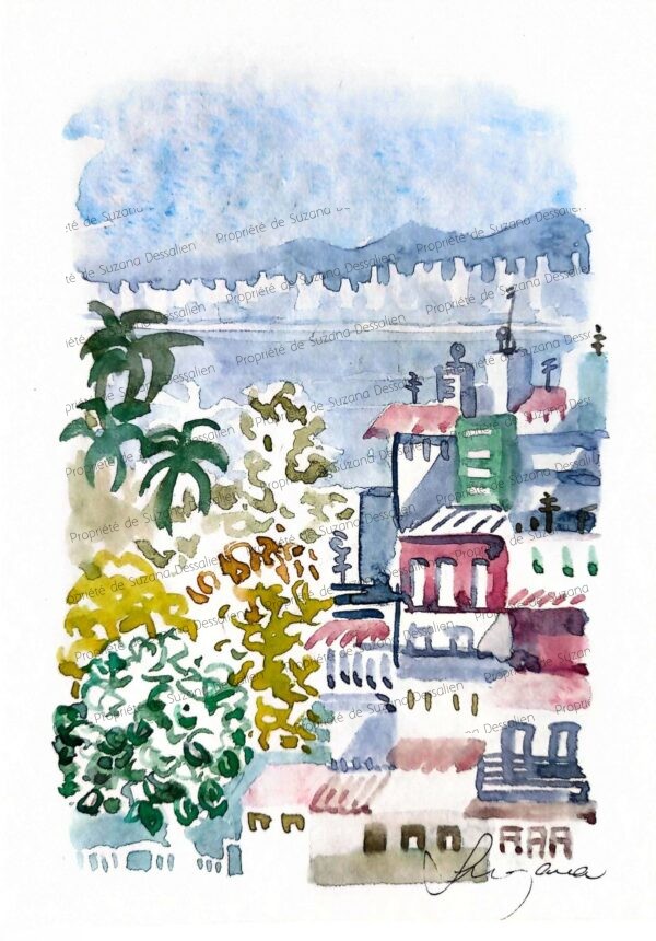 Aquarelle Baie de Rio au loin par Suzana Dessalien, panorama baie de Guanabara végétation tropicale horizon lumineux, 21x13.5cm