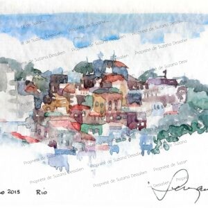 Aquarelle Rio Morro de Santo Antonio par Suzana Dessalien, favela maisons colorées architecture organique végétation, 13.5x21cm