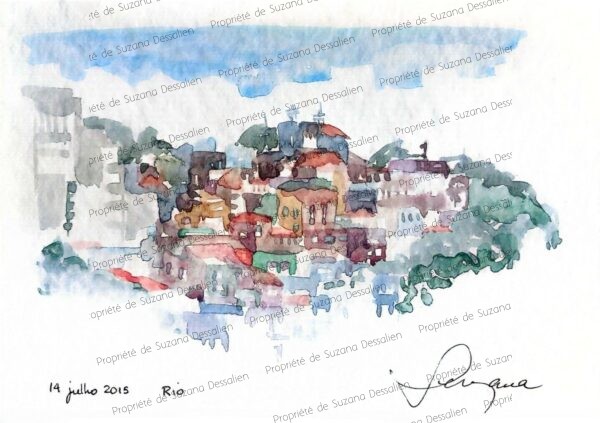 Aquarelle Rio Morro de Santo Antonio par Suzana Dessalien, favela maisons colorées architecture organique végétation, 13.5x21cm