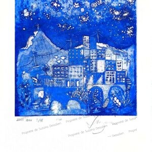 Gravure sur métal Rio Nocturne par Suzana Dessalien, paysage urbain nocturne Rio de Janeiro teintes bleues ciel étoilé, 25x33cm