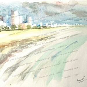 Aquarelle Santos par Suzana Dessalien, vagues océan Atlantique sable doré plage Baixada Santista São Paulo, 24x30cm