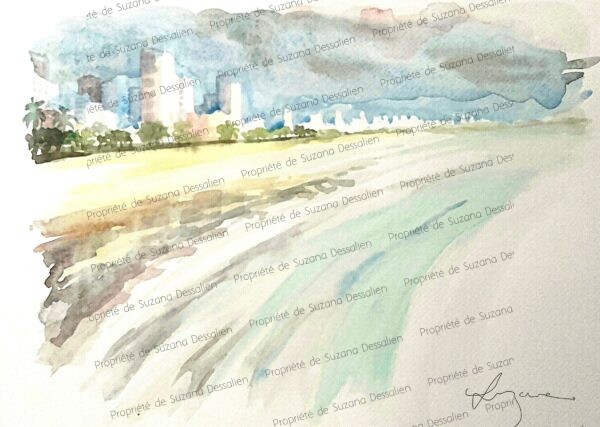 Aquarelle Santos par Suzana Dessalien, vagues océan Atlantique sable doré plage Baixada Santista São Paulo, 24x30cm