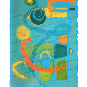 Édition limitée PAO Composition en vert et orange par Suzana Dessalien, contrastes géométriques vibrants, 40x30cm