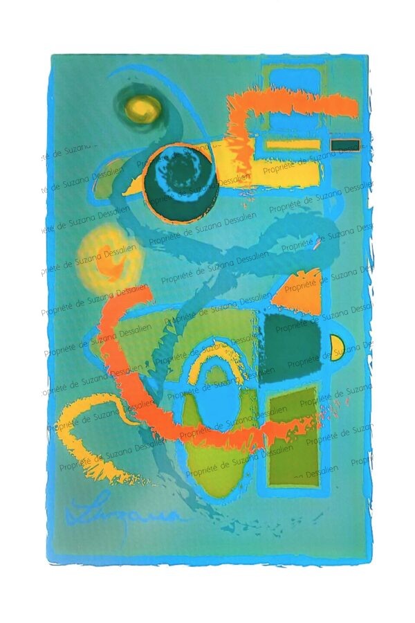 Édition limitée PAO Composition en vert et orange par Suzana Dessalien, contrastes géométriques vibrants, 40x30cm