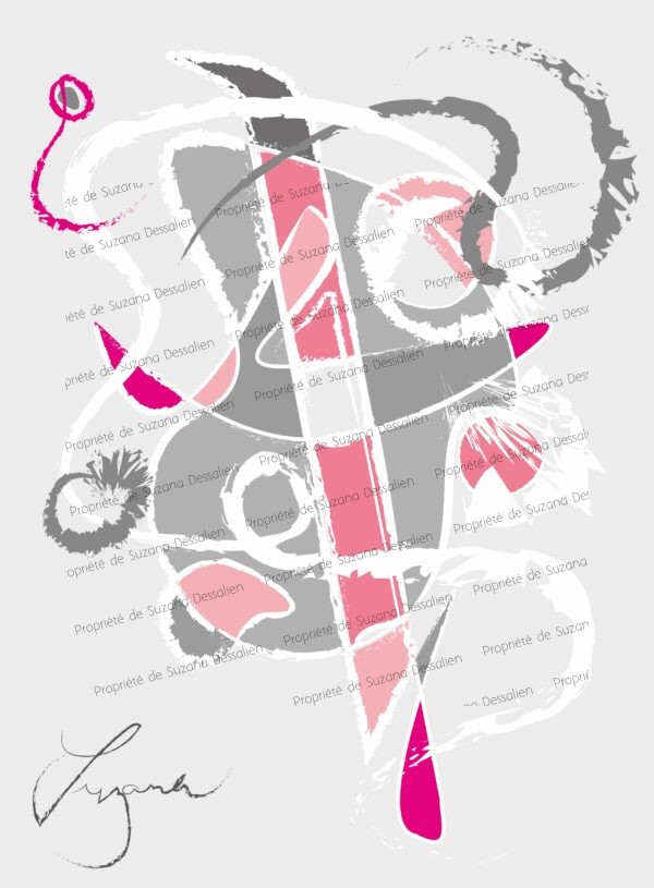 Édition limitée PAO Composition en Rose et Gris par Suzana Dessalien, formes organiques entrelacées, 40x30cm