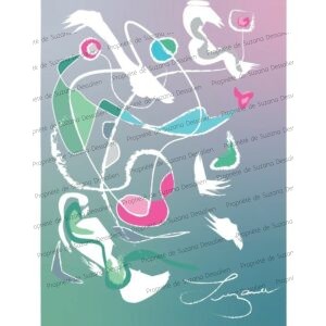 Édition limitée PAO Oiseaux par Suzana Dessalien, silhouettes ailées jade et lavande, 40x30cm