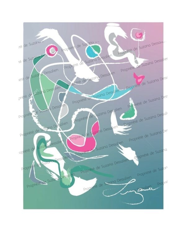 Édition limitée PAO Oiseaux par Suzana Dessalien, silhouettes ailées jade et lavande, 40x30cm