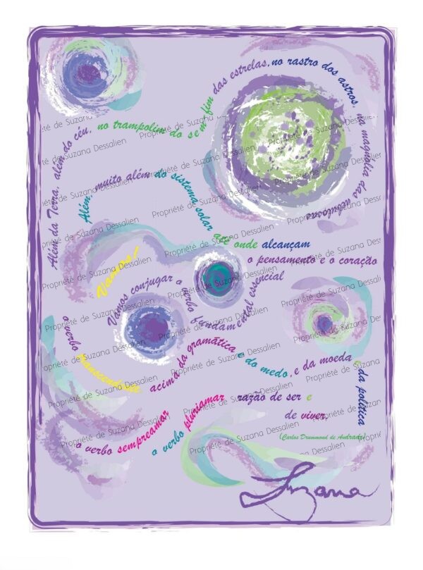 Illustration PAO Drummond lilas 40x30 par Suzana Dessalien, composition cosmique inspirée de Carlos Drummond de Andrade