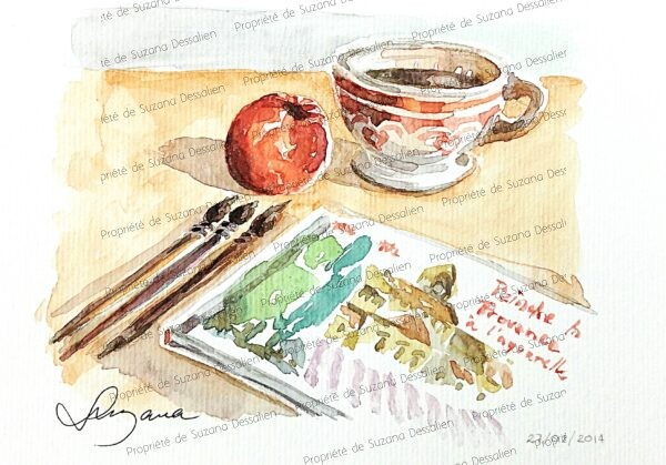 Aquarelle Pause en Provence 14,8x19,5 par Suzana Dessalien, nature morte provençale aux couleurs chaudes et lumière dorée