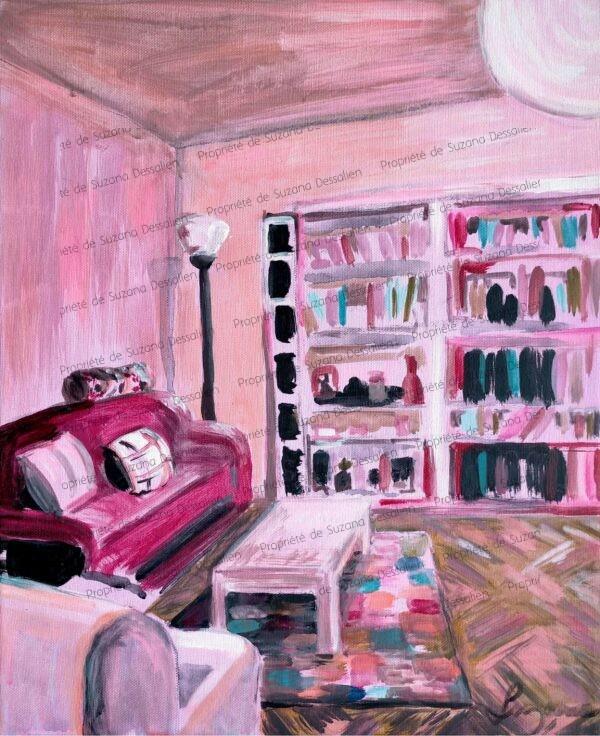 Peinture acrylique Intérieur Rose 40x32 par Suzana Dessalien, univers feutré aux nuances rose tendre et poudrées