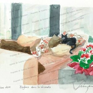 Aquarelle Véranda 30x40 par Suzana Dessalien, entre-deux mondes avec colonnes et jardin lumineux