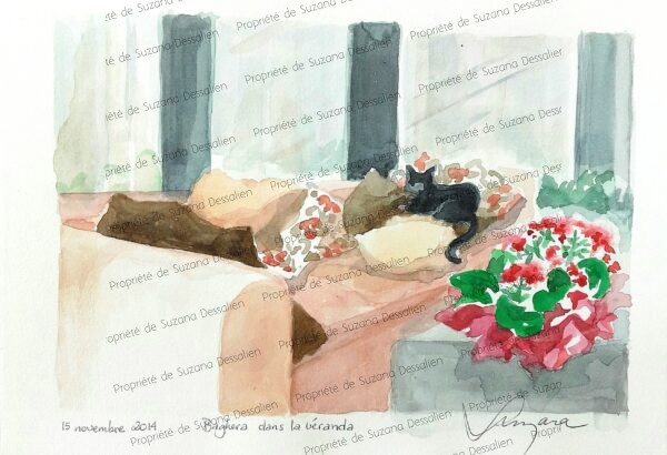 Aquarelle Véranda 30x40 par Suzana Dessalien, entre-deux mondes avec colonnes et jardin lumineux