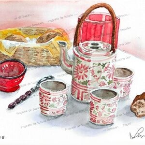 Aquarelle Pause Goûter 20x30 par Suzana Dessalien, nature morte tendre célébrant l'heure du goûter