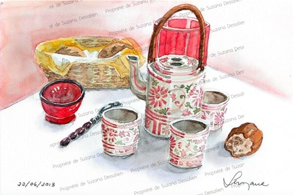 Aquarelle Pause Goûter 20x30 par Suzana Dessalien, nature morte tendre célébrant l'heure du goûter