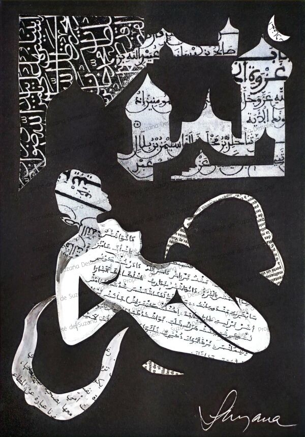 Collage Odalisque I 34x24 par Suzana Dessalien, composition noir et blanc aux contrastes saisissants