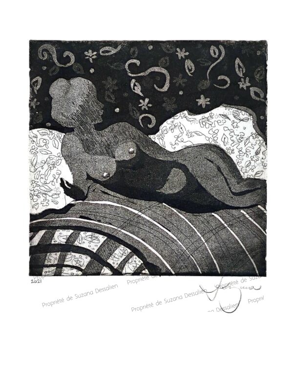 Gravure métal Odalisque II 29,7x21 par Suzana Dessalien, jeux d'ombres et lumières ciselées