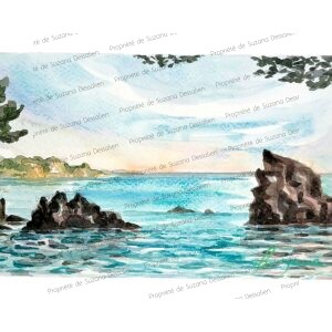 Aquarelle 20x30cm Un trésor caché de la Méditerranée où l'eau turquoise caresse les rochers dorés. Un refuge magique capturé dans cette aquarelle d'évasion.