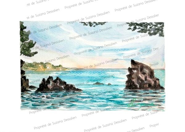 Aquarelle 20x30cm Un trésor caché de la Méditerranée où l'eau turquoise caresse les rochers dorés. Un refuge magique capturé dans cette aquarelle d'évasion.