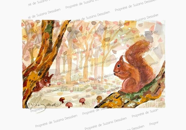 Aquarelle de paysage d'automne aux tons dorés et cuivrés par Suzana Dessalien, 20x30cm