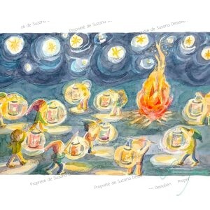 Aquarelle de fête des lanternes dorées illuminant la nuit de novembre par Suzana Dessalien, 20x30cm