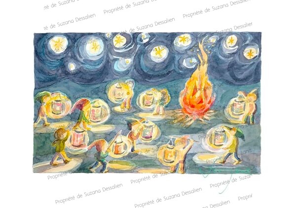 Aquarelle de fête des lanternes dorées illuminant la nuit de novembre par Suzana Dessalien, 20x30cm