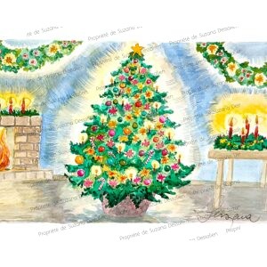 Aquarelle de scène de Noël avec sapin décoré et guirlandes scintillantes par Suzana Dessalien, 20x30cm