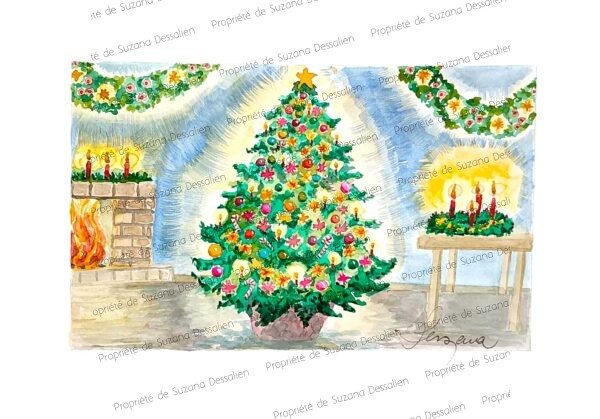 Aquarelle de scène de Noël avec sapin décoré et guirlandes scintillantes par Suzana Dessalien, 20x30cm