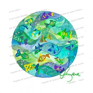 Technique mixte marine circulaire aux reflets turquoise par Suzana Dessalien, 15x15cm format rond