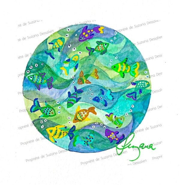 Technique mixte marine circulaire aux reflets turquoise par Suzana Dessalien, 15x15cm format rond