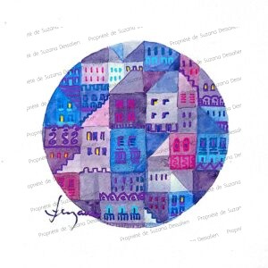 Technique mixte de paysage urbain multicolore en format rond par Suzana Dessalien, 15x15cm