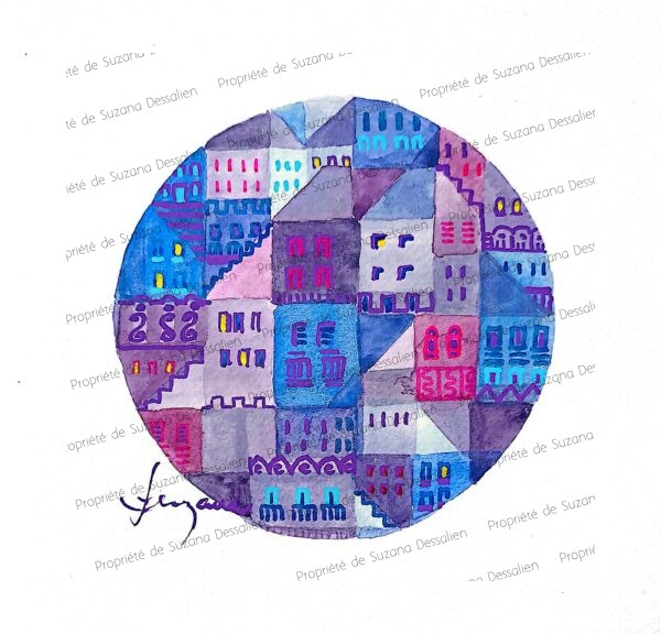Technique mixte de paysage urbain multicolore en format rond par Suzana Dessalien, 15x15cm