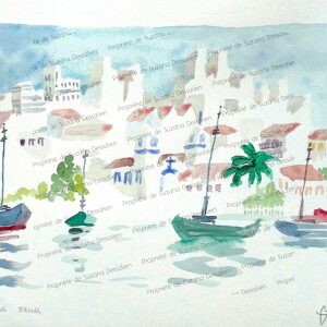 Aquarelle Bahia par Suzana Dessalien, Salvador essence urbaine lumière Atlantique architecture joyeuse, 30x40cm