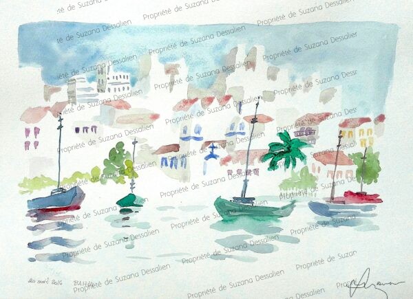 Aquarelle Bahia par Suzana Dessalien, Salvador essence urbaine lumière Atlantique architecture joyeuse, 30x40cm