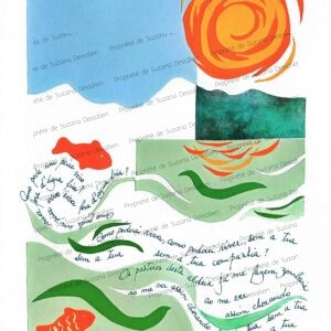 Collage de poissons orange sur fond bleu-vert en papier froissé par Suzana Dessalien, 39,6x29,6cm