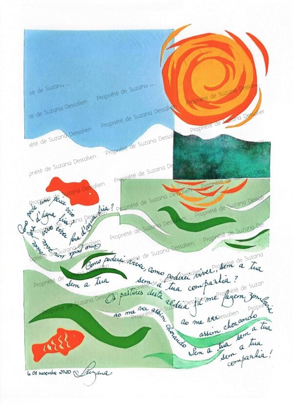 Collage de poissons orange sur fond bleu-vert en papier froissé par Suzana Dessalien, 39,6x29,6cm
