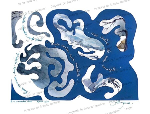 Collage en spirale bleu marine aux formes dansantes par Suzana Dessalien, 39,6x29,6cm