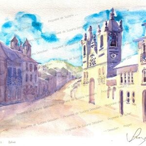 Aquarelle Salvador Bahia par Suzana Dessalien, rue architecture coloniale façades colorées série figuratif abstrait, 30x42cm