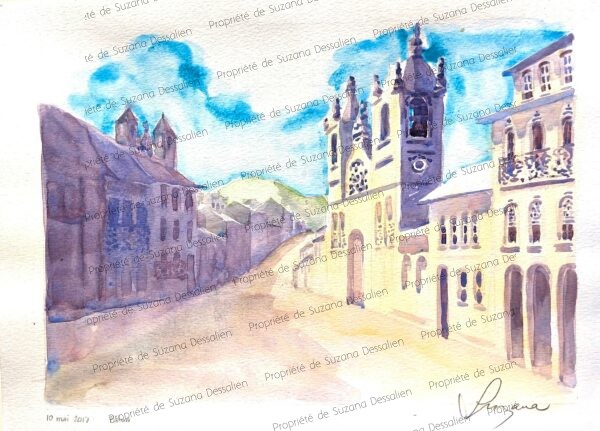 Aquarelle Salvador Bahia par Suzana Dessalien, rue architecture coloniale façades colorées série figuratif abstrait, 30x42cm