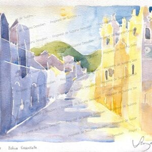 Aquarelle Bahia Essentielle par Suzana Dessalien, contours libres transformation vers abstraction Salvador série, 30x42cm