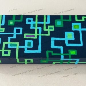 Boîte rectangulaire Circuit lignes turquoise vertes géométriques peinture acrylique Suzana Dessalien artiste