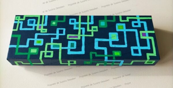 Boîte rectangulaire Circuit lignes turquoise vertes géométriques peinture acrylique Suzana Dessalien artiste