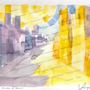 Aquarelle Étincelles de Salvador par Suzana Dessalien, abstraction couleurs jaunes violets taches mouvements purs série, 30x42cm