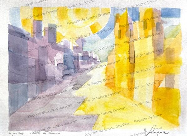 Aquarelle Étincelles de Salvador par Suzana Dessalien, abstraction couleurs jaunes violets taches mouvements purs série, 30x42cm