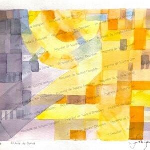 Aquarelle Éclats de Bahia par Suzana Dessalien, abstraction épurée contours fantômes rapports purs couleurs formes série finale, 30x42cm