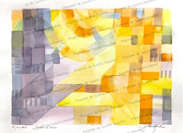 Aquarelle Éclats de Bahia par Suzana Dessalien, abstraction épurée contours fantômes rapports purs couleurs formes série finale, 30x42cm