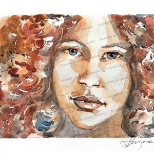 Aquarelle Jeune Fille aux Boucles par Suzana Dessalien, portrait visage métissé nuances superposées regard captivant, 30x40cm