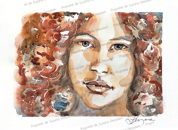 Aquarelle Jeune Fille aux Boucles par Suzana Dessalien, portrait visage métissé nuances superposées regard captivant, 30x40cm